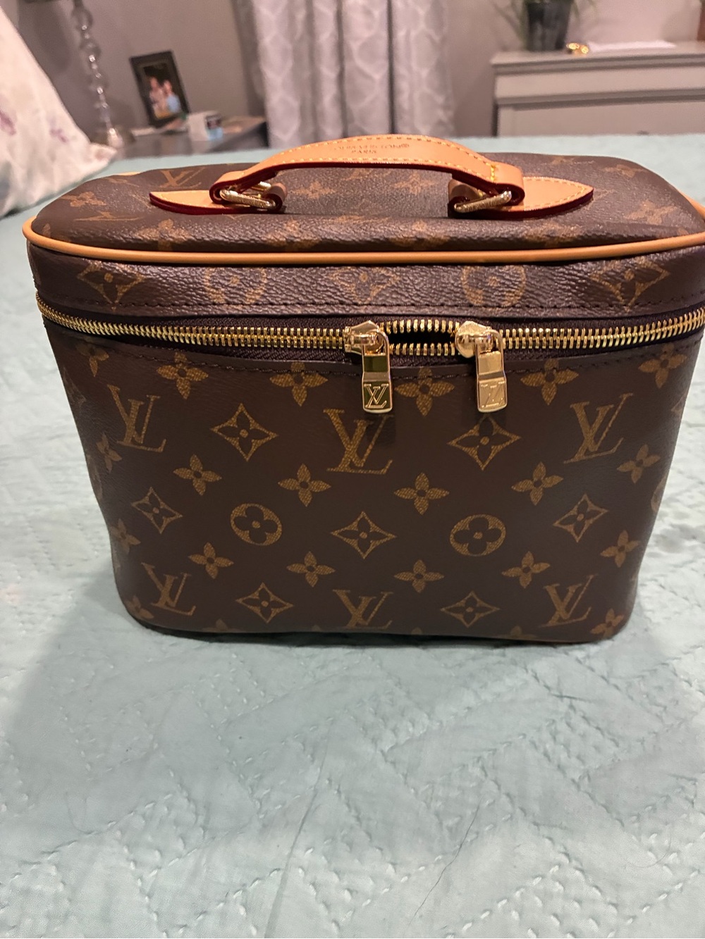 Louis Vuitton Style Monogram Canvas Vanity Case in Brown and Tan